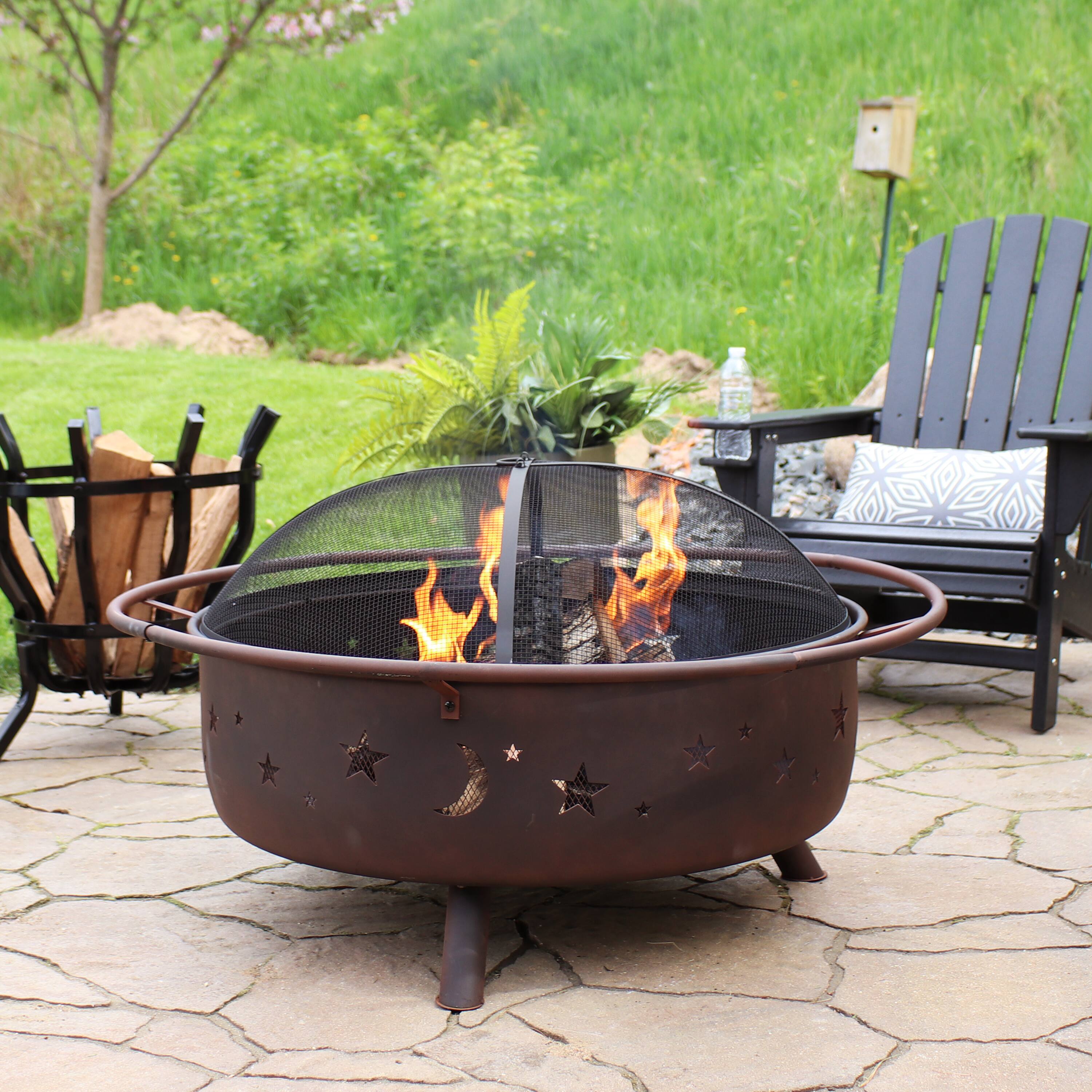 Alt View 1. Sunnydaze - 42 in Cosmic Steel Fire Pit with Spark Screen and Poker - Bronze.