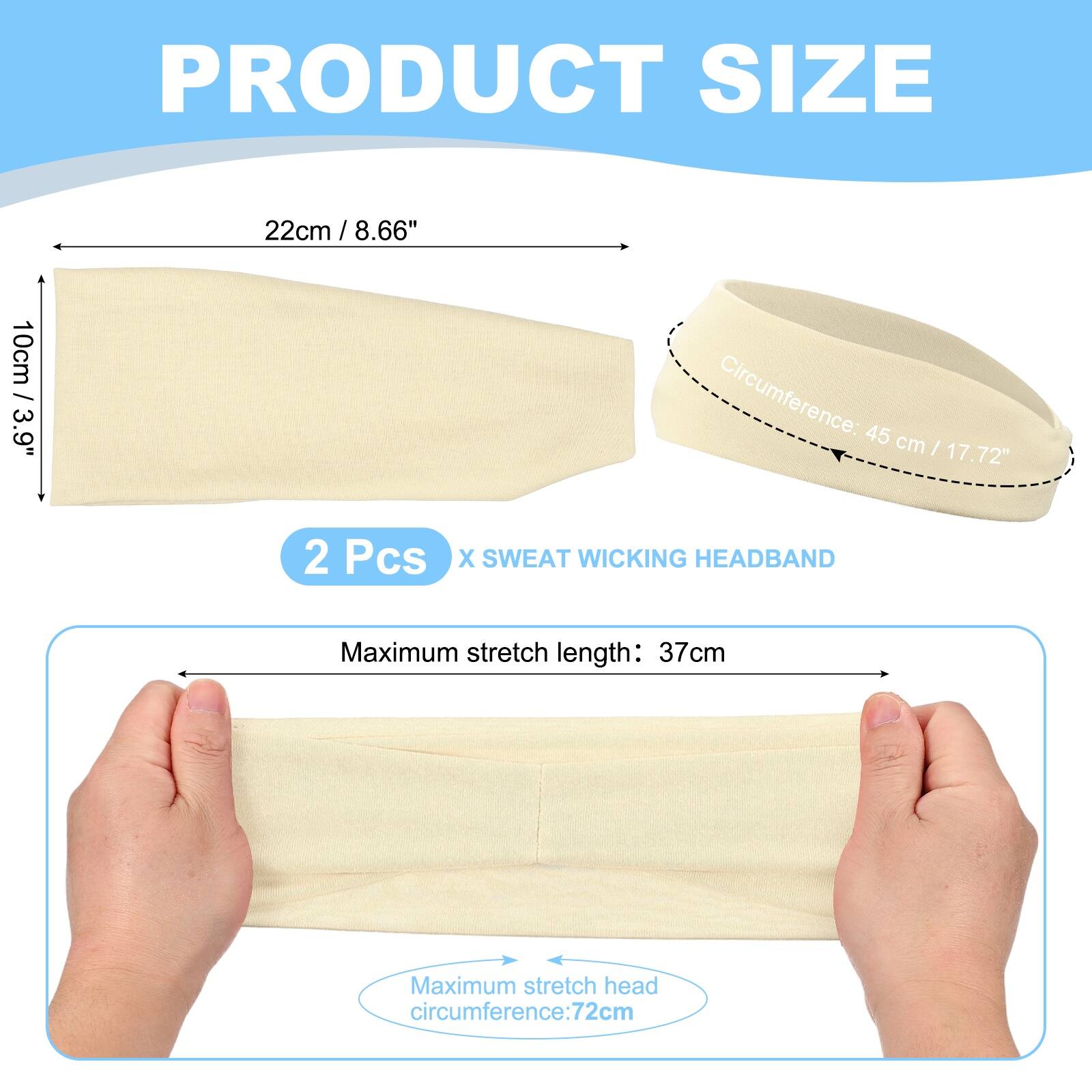 PRODUCT SIZE

22cm / 8.66"  
10cm / 3.9"  
Circumference: 45 cm / 17.72"  

2 Pcs X SWEAT WICKING HEADBAND  

Maximum stretch length: 37cm  
Maximum stretch head circumference: 72cm