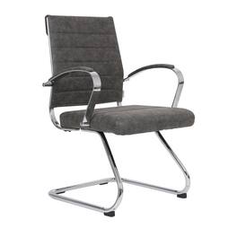 LeisureMod - Benmar Office Chair, Ribbed Leather Upholstery with Chrome Arms and Sled Base, Modern Desk Seating for Home or Office - Charcoal