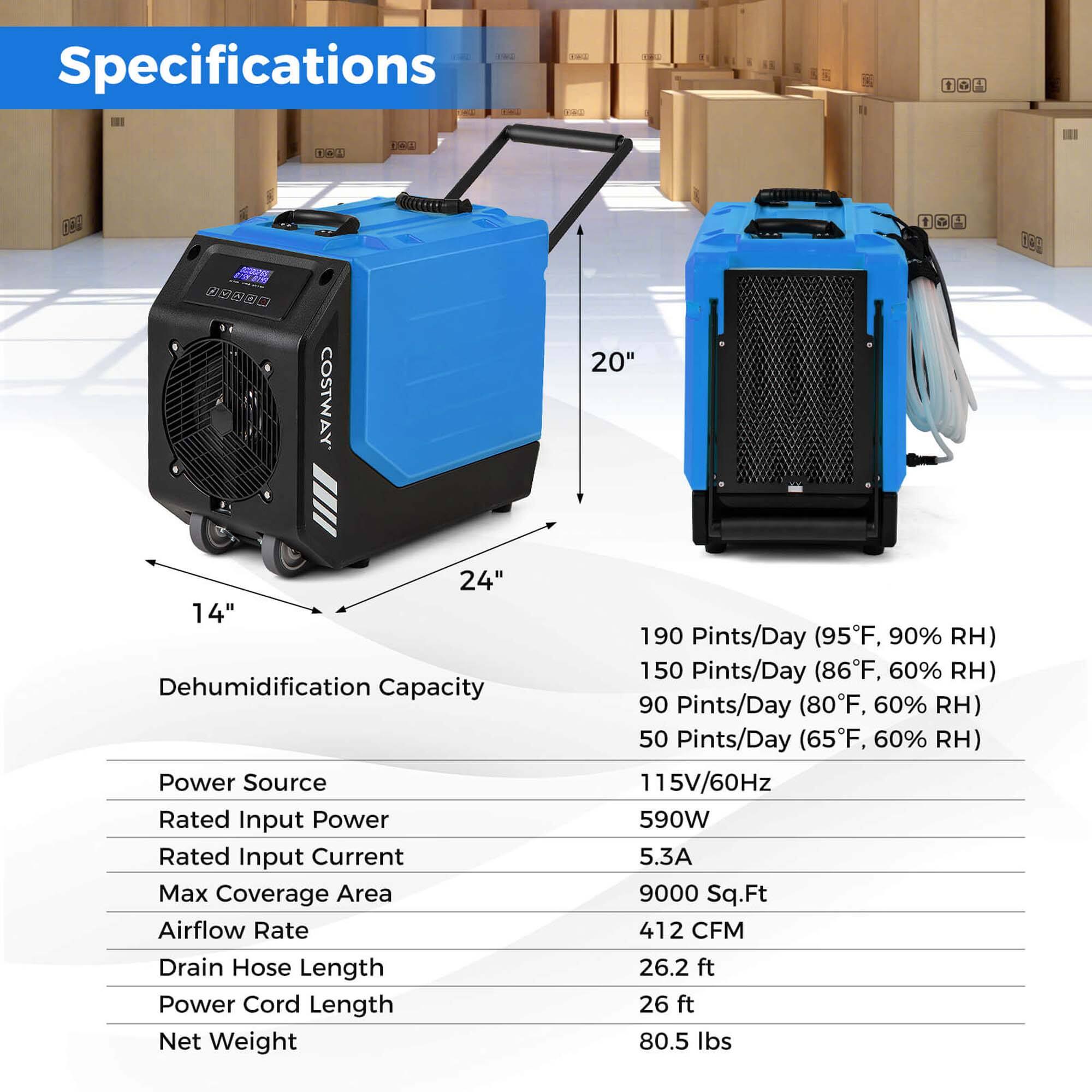 Specifications:

* Dehumidification Capacity: 190 Pints/Day (95F, 90% RH)
* Dehumidification Capacity: 150 Pints/Day (86F, 60% RH)
* Dehumidification Capacity: 90 Pints/Day (80F, 60% RH)
* Dehumidification Capacity: 50 Pints/Day (65F, 60% RH)
* Power Source: 115V/60Hz
* Rated Input Power: 590W
* Rated Input Current: 5.3A
* Max Coverage Area: 9000 Sq.Ft
* Airflow Rate: 412 CFM
* Drain Hose Length: 26.2 ft
* Power Cord Length: 26 ft
* Net Weight: 80.5 lbs