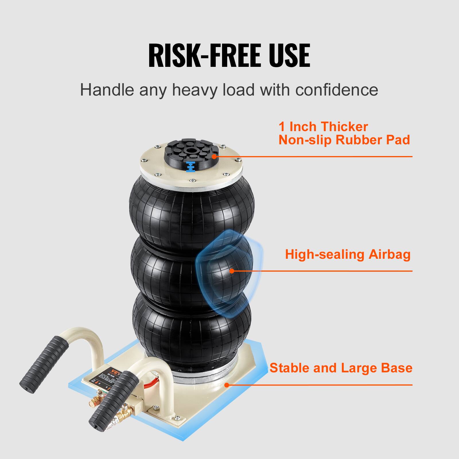 RISK-FREE USE  
Handle any heavy load with confidence  
1 Inch Thicker Non-slip Rubber Pad  
High-sealing Airbag  
Stable and Large Base