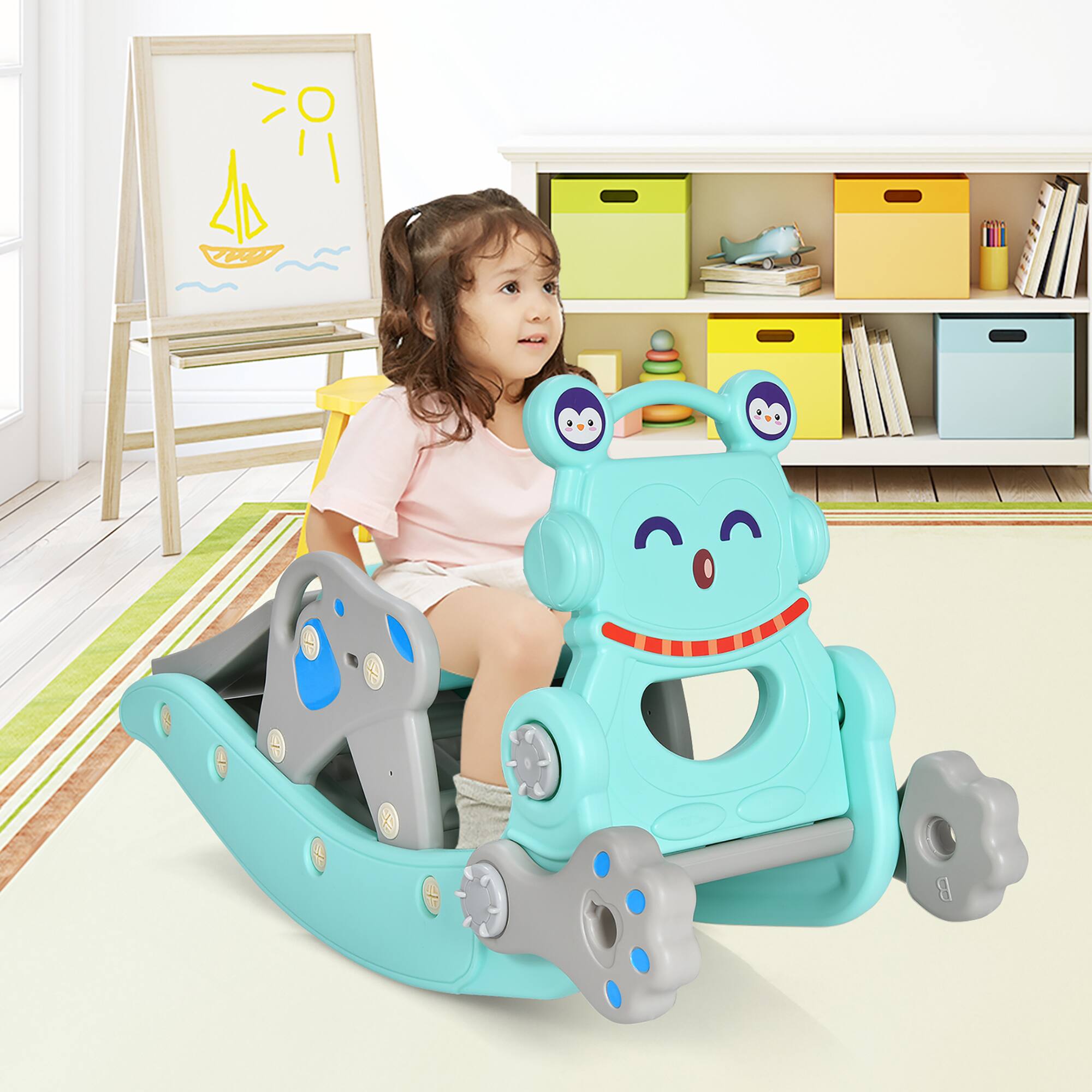 Alt View 1. Costway - Costway 4-in-1 Rocking Horse & Slide Set Toddler Slide Toy w/ Basketball Hoop - Blue.