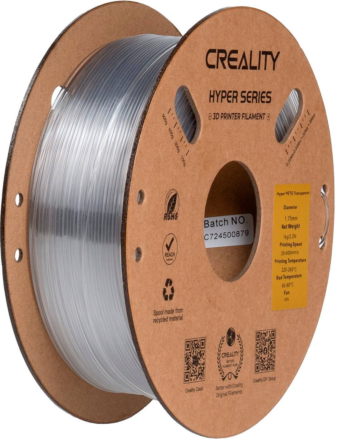 CREALITY HYPER SERIES / 6000 3D PRINTER FILAMENT S0 Bo0 300g lululil 29 1.320 1000 0.220s0 Hyper PETG Transparent R6HS REACH Batch NO. C724500879 Diameter 1.75mm Net Weight 1kg/2.20 Printing Speed 30-600mmls Printing Temperature 220-260C Bed Temperature 60-80C Fam 50% Spool made from recycled material CREALITY BETTER FLAMENT PLAN Creality Cloud Better with Creality Original Firaments Creality DY Group