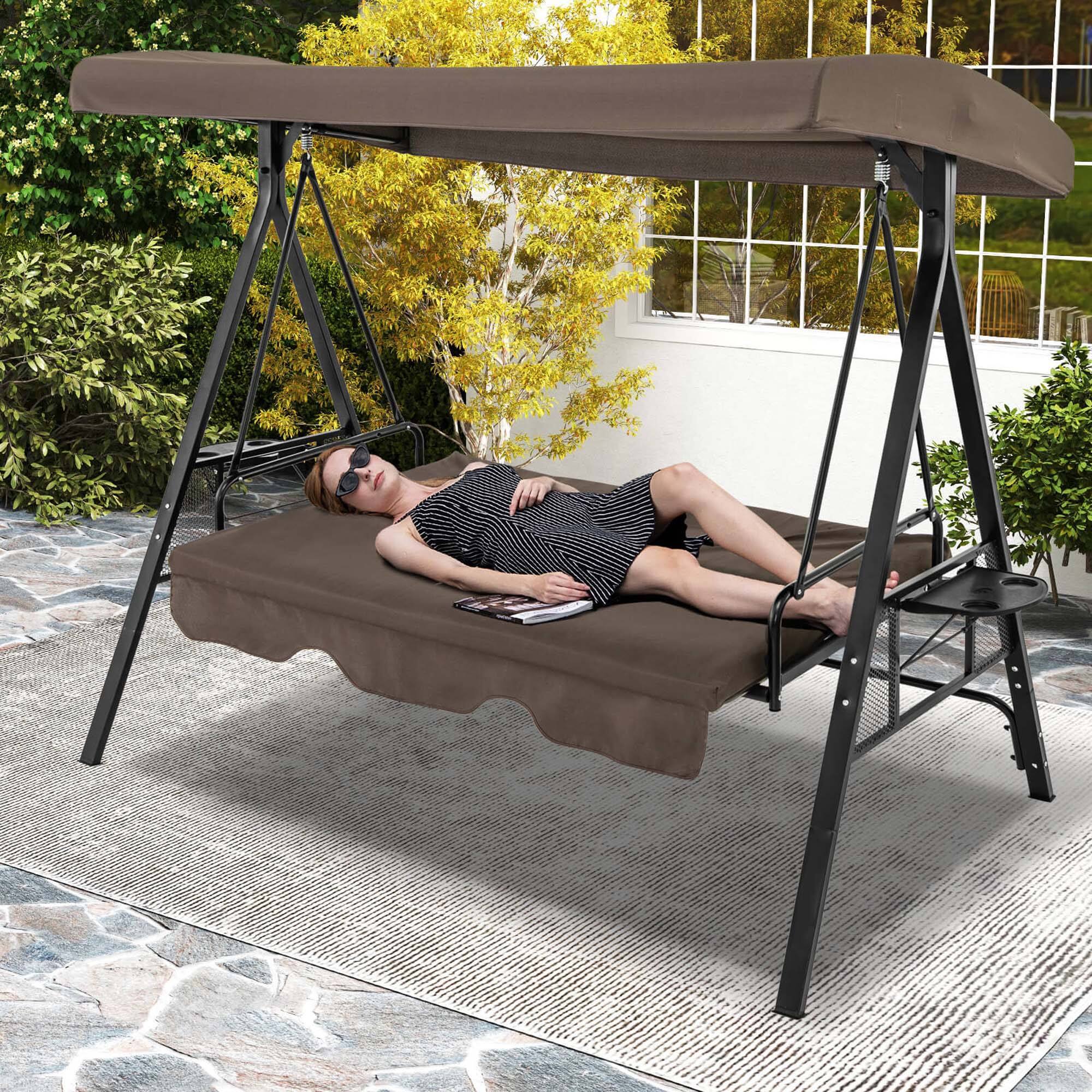 Alt View 4. Costway - 3-Seat Patio Porch Swing with Adjustable Canopy Soft Seat Back Cushions Side Tables - Brown.