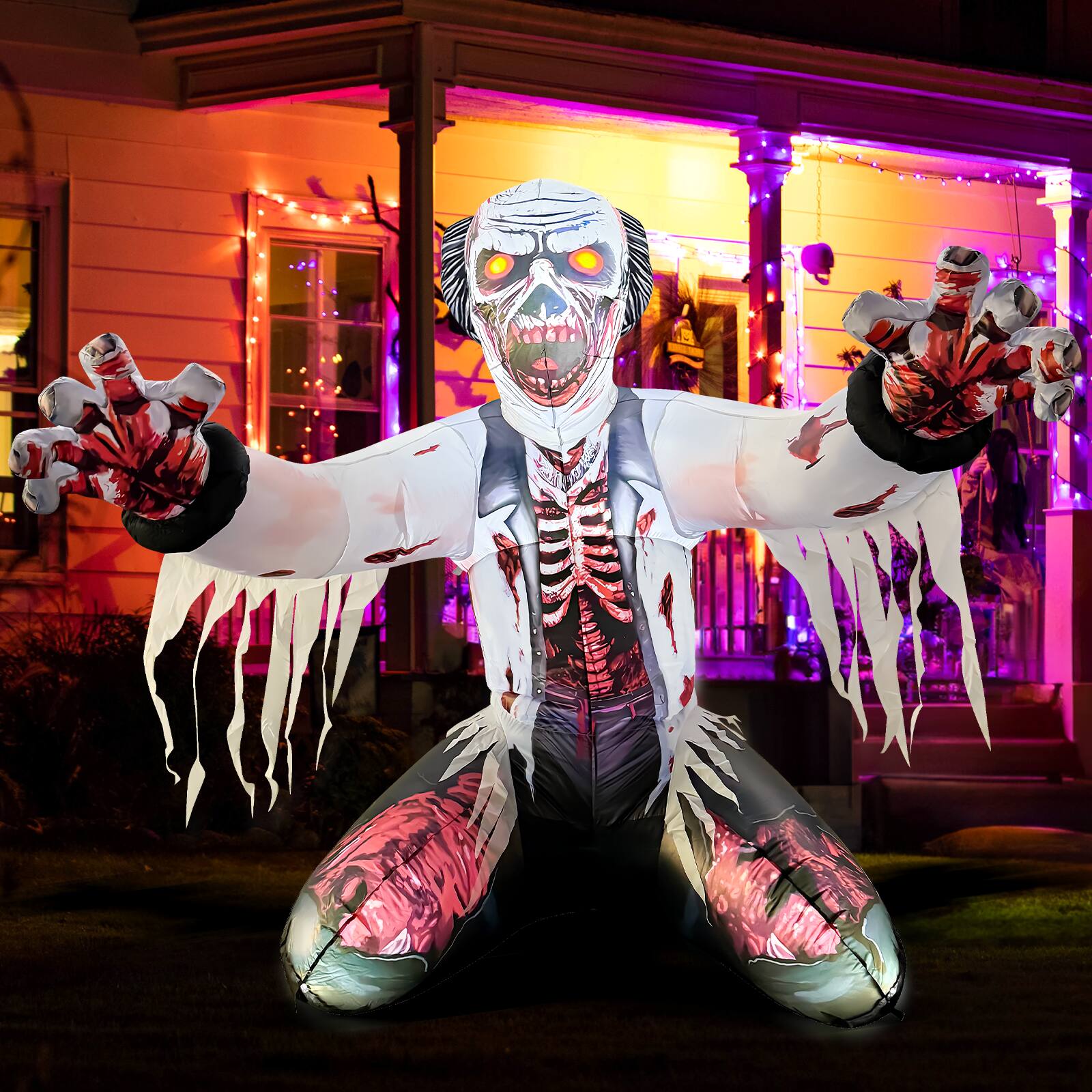 Angle. GOOSH Inflatables - GOOSH 6FT Inflatable Zombie with Glowing Eyes – Light-Up Halloween Yard Decoration - White.