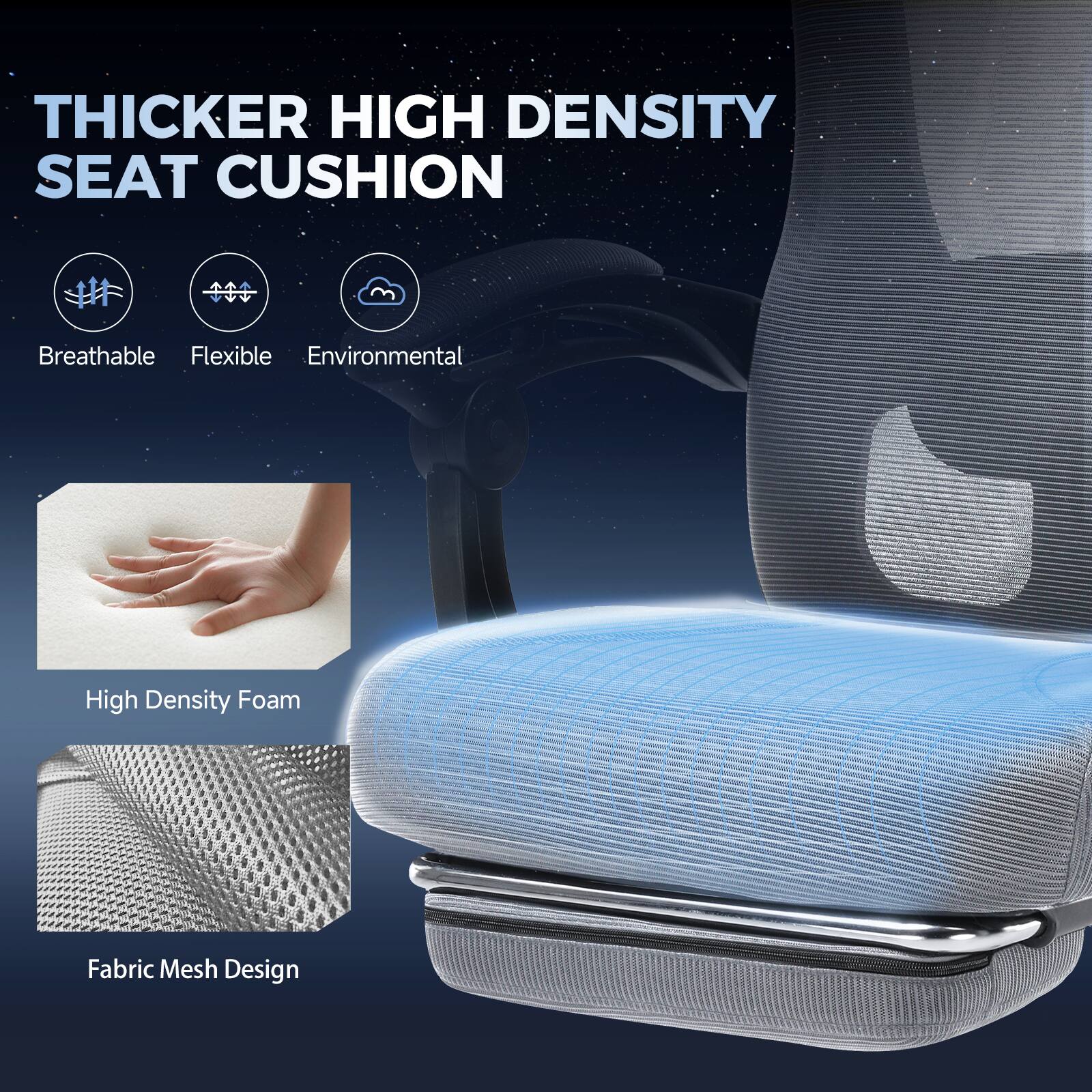 THICKER HIGH DENSITY SEAT CUSHION
Breathable
Flexible
Environmental
High Density Foam
Fabric Mesh Design