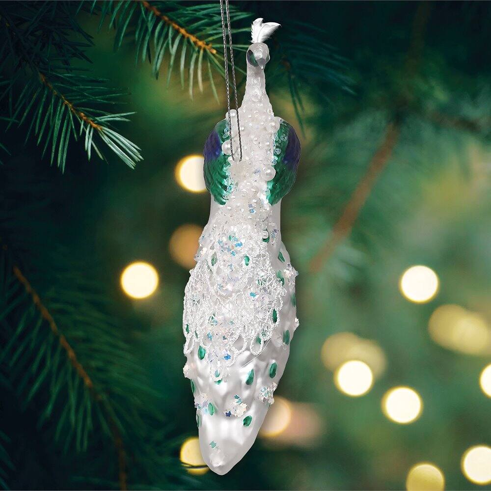 Back. OrnamentallyYou - Elegant Winter Peacock Glass Christmas Ornament - Multi-colored.