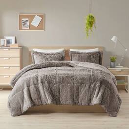 Hivvago - King/CAL King Grey Soft Sherpa Faux Fur 3-Piece Comforter Set with Pillow Shams - Gray