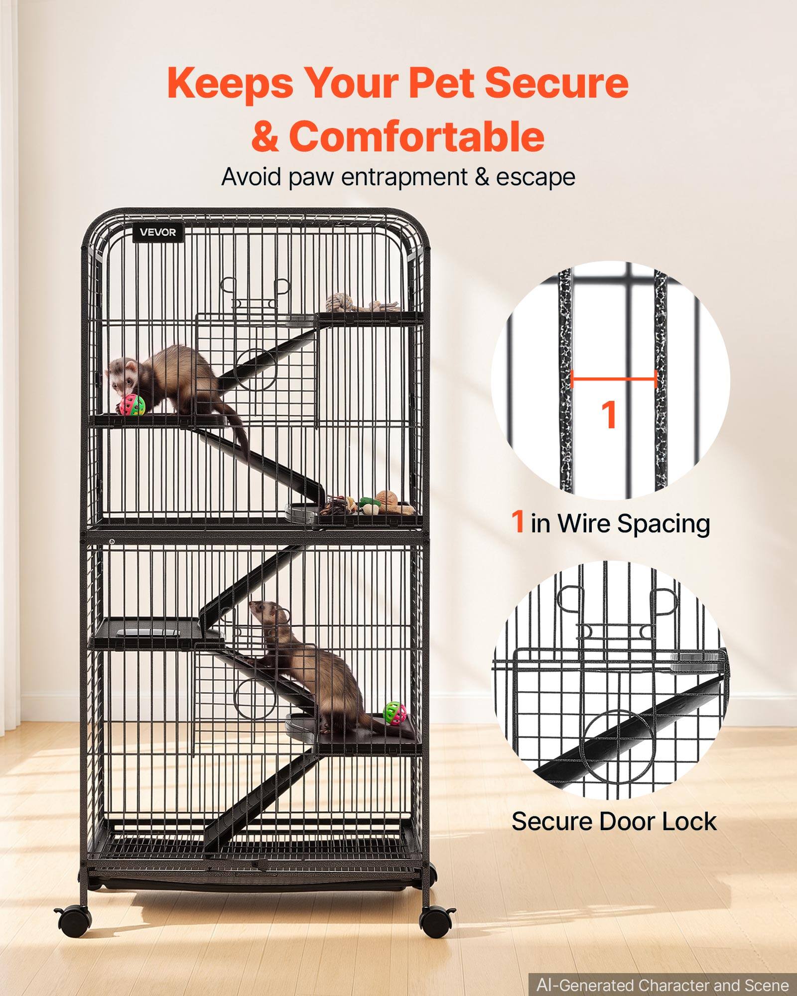 Keeps Your Pet Secure & Comfortable  
Avoid paw entrapment & escape

1 in Wire Spacing

Secure Door Lock

AI-Generated Character and Scene