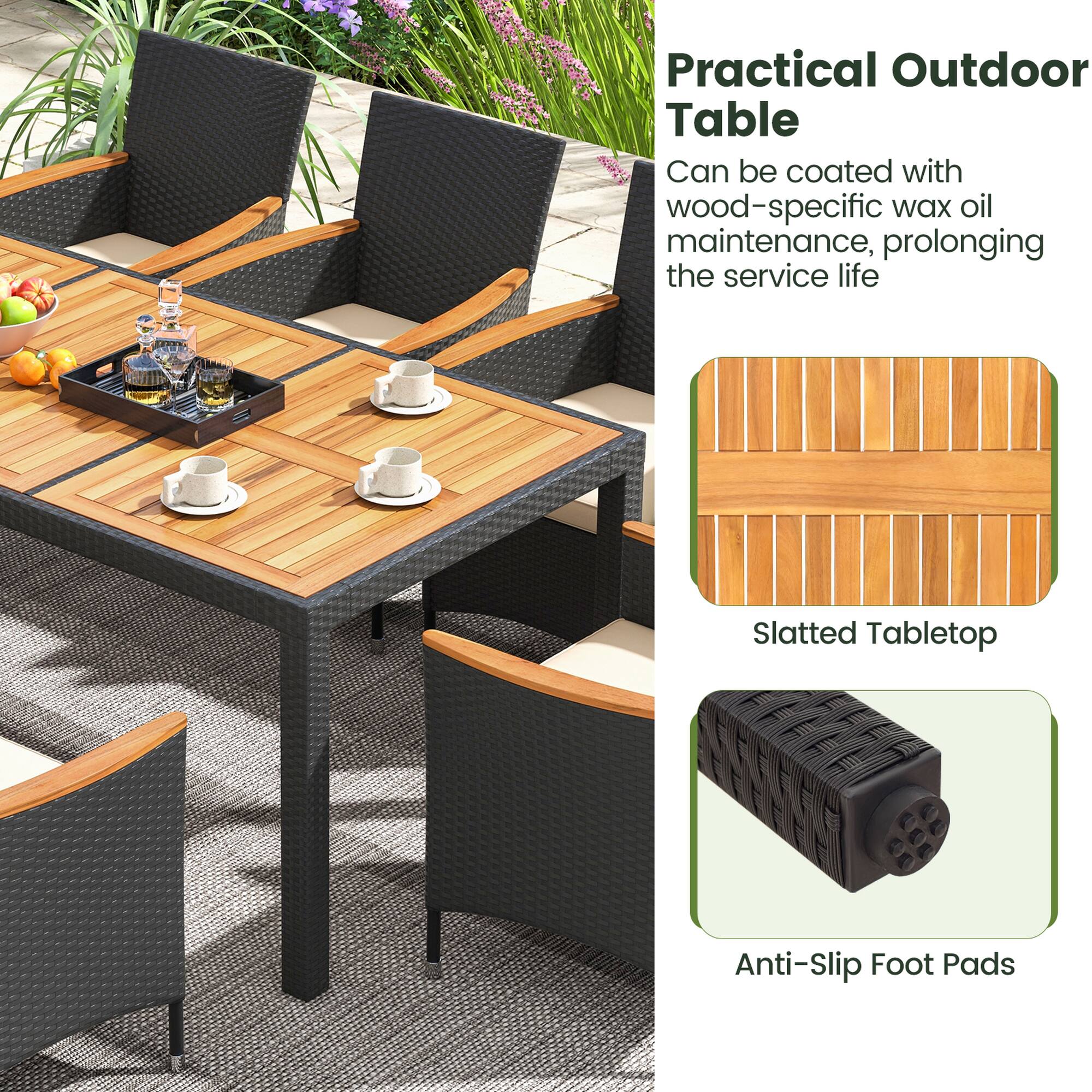 Practical Outdoor Table: Can be coated with wood-specific wax oil for maintenance, prolonging the service life. Slatted Tabletop: Anti-Slip Foot Pads.