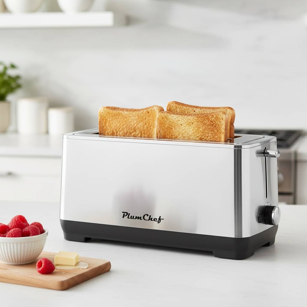 Forest'nSky - 4-Slice Wide Slot Toaster - 1500W, 6 Settings, Bagel/Defrost/Reheat, Removable Tray, Stainless - Silver