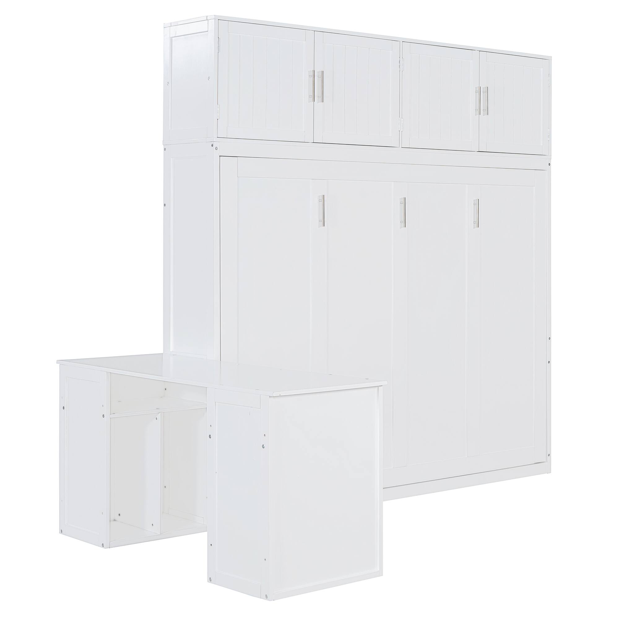 Alt View 6. Tiramisubest - Queen Size Wall Murphy Bed with Desk, Storage, White Wood, Space-Saving - White.