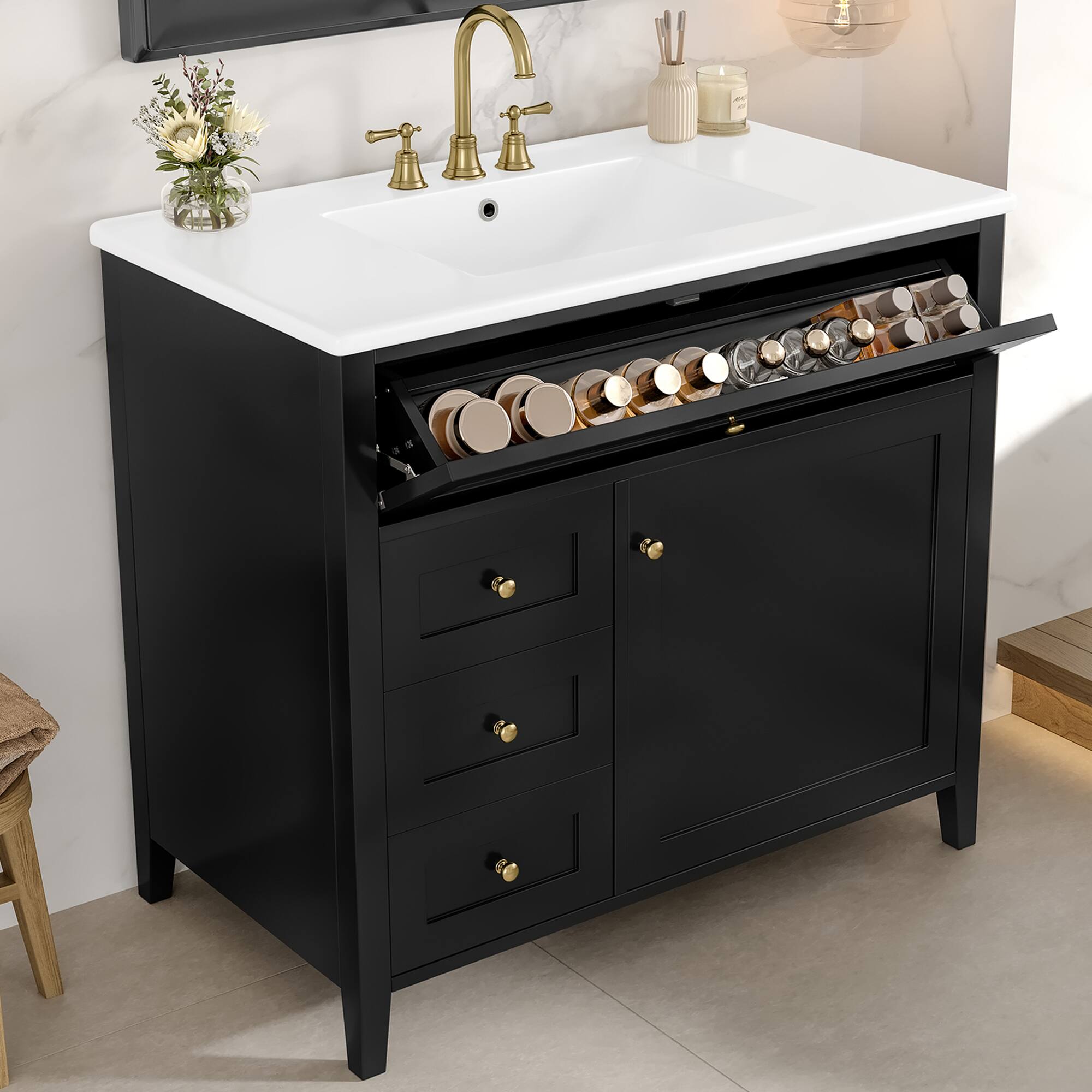 Left. TinyHomie - 36-Inch Bathroom Vanity with Sink Modern MDF and Rubberwood Cabinet with 3 Drawers and Adjustable Shelf - Black.