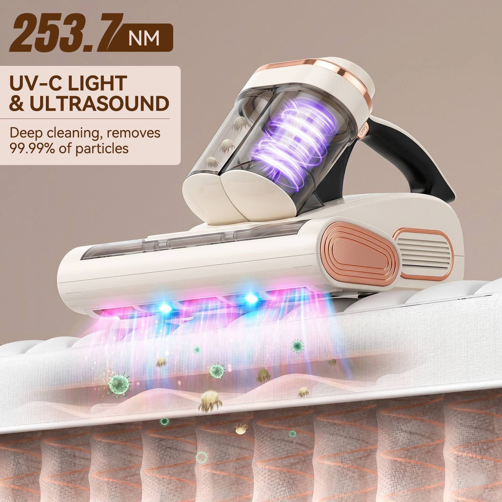 253.7 NM  
UV-C LIGHT & ULTRASOUND  
Deep cleaning, removes 99.99% of particles