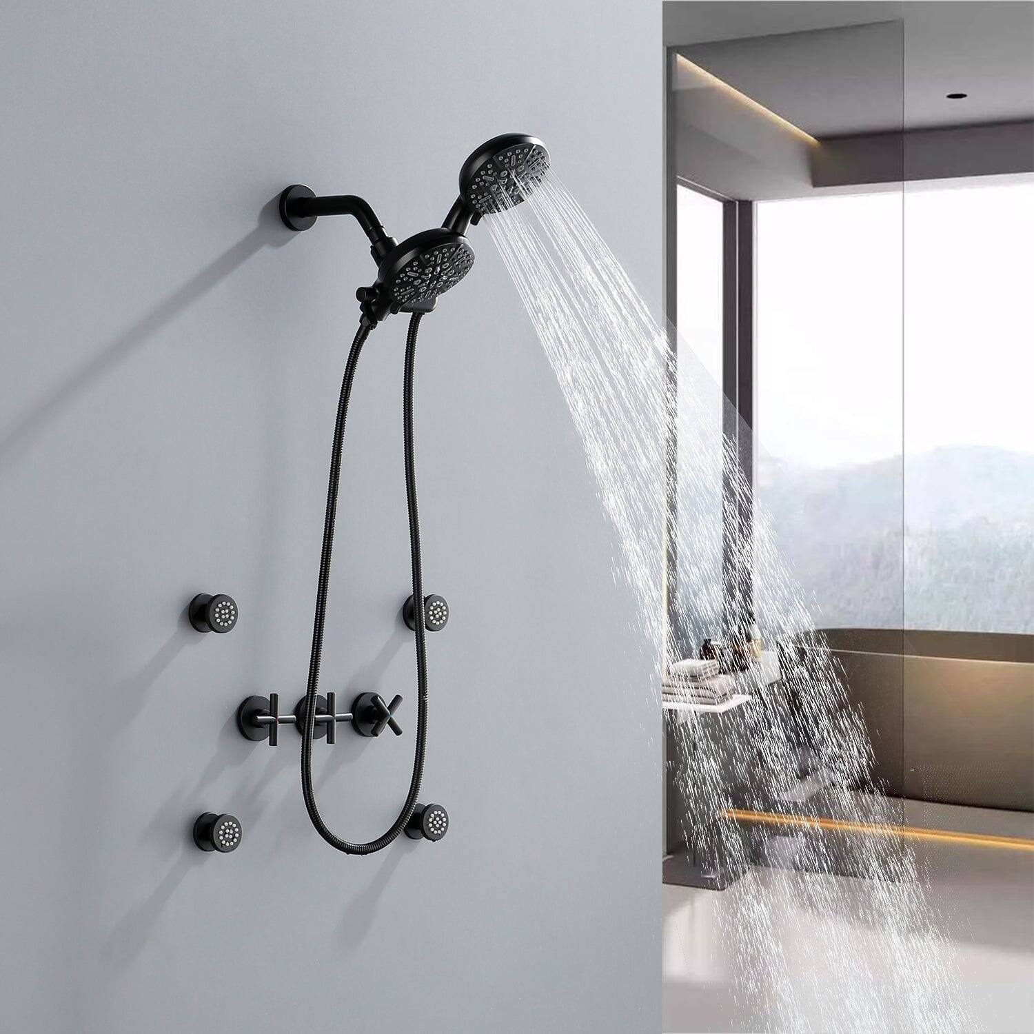 Alt View 3. Boyel Living - Matte Black Shower Set with Seven Function Overhead Shower Hand Shower and Four Body Sprays - Matte Black.