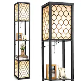 Gymax - Modern Shelf Floor Lamp Freestanding Double Lamp Pull Chain & Foot Switch - Black + White