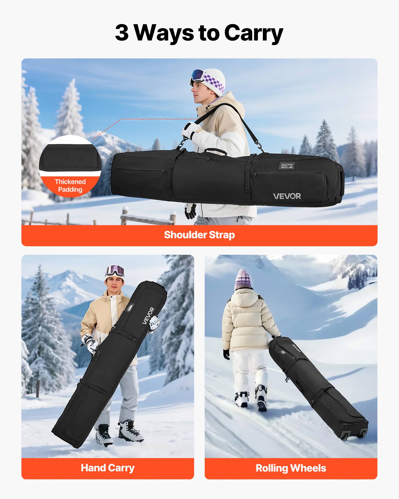 3 Ways to Carry

- Thickened Padding
- Shoulder Strap
- Hand Carry
- Rolling Wheels