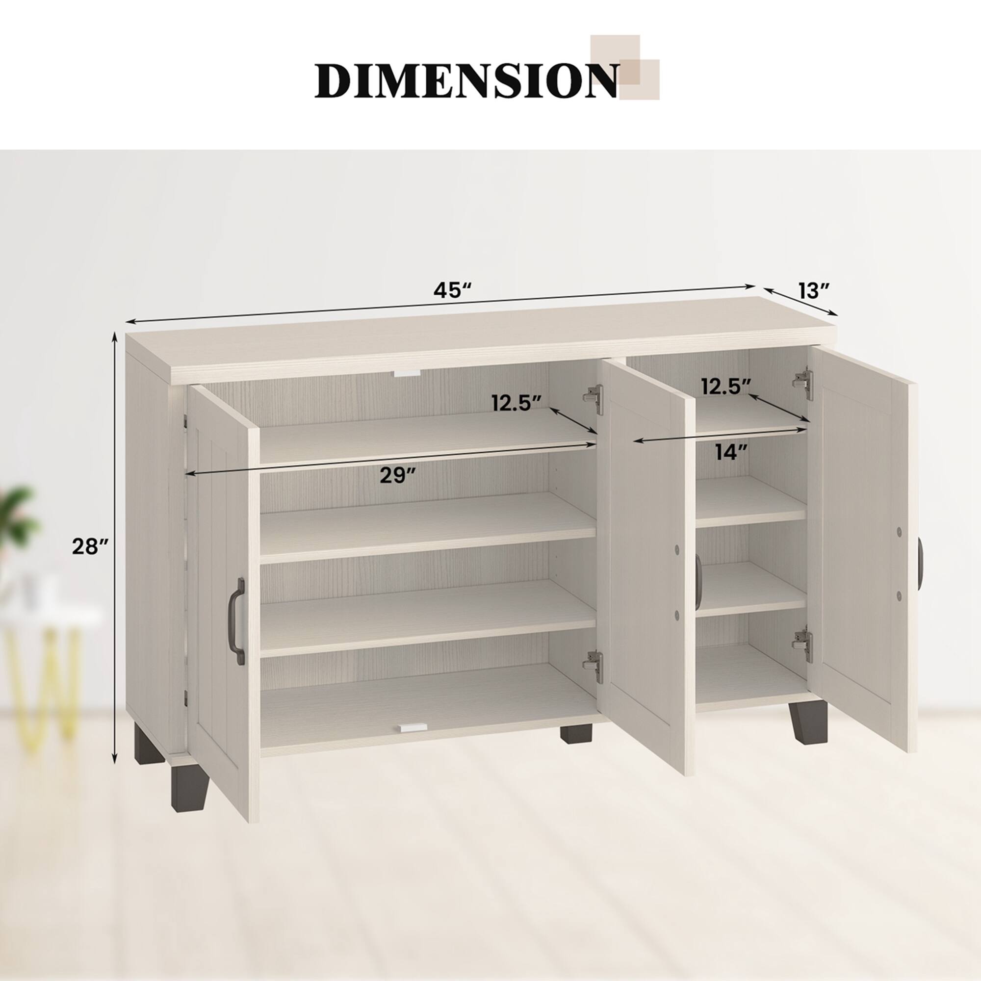 The image shows a white cabinet with dimensions labeled on it. The dimensions are 45" for the width, 13" for the height, and 12.5" for the depth. The cabinet also has a shelf inside, which is 29" wide and 14" deep. Additionally, there is a potted plant nearby, adding a touch of greenery to the scene.