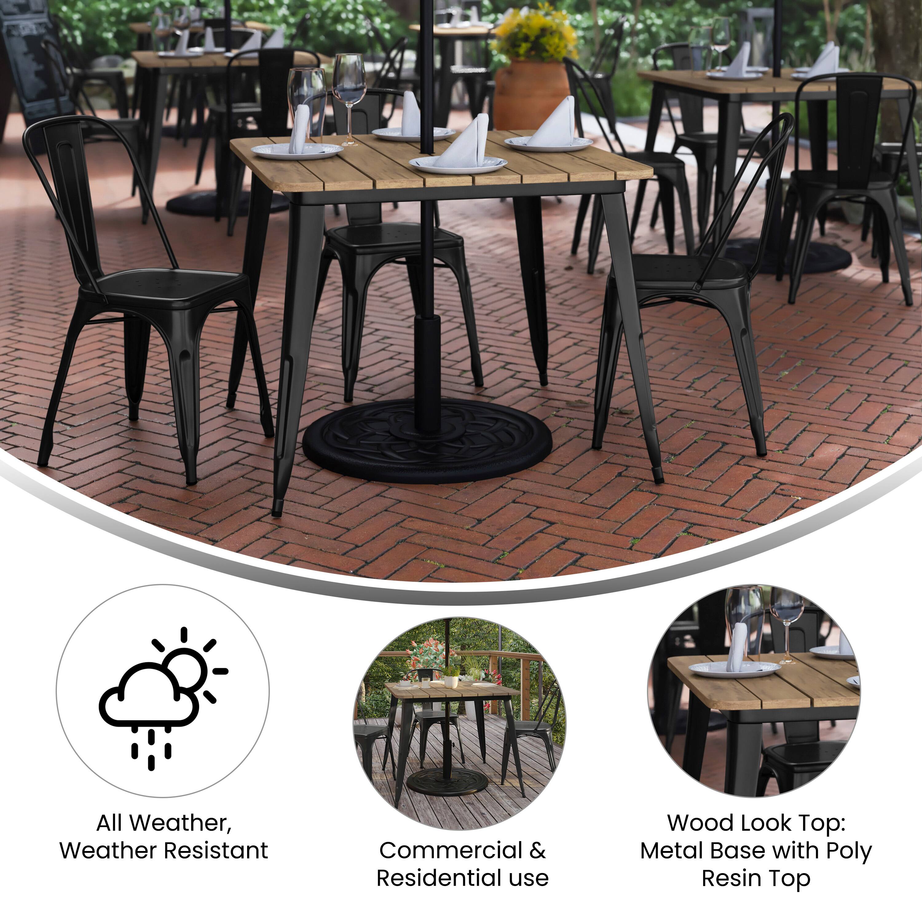 All Weather, Weather Resistant  
Commercial & Residential use  
Wood Look Top: Metal Base with Poly Resin Top