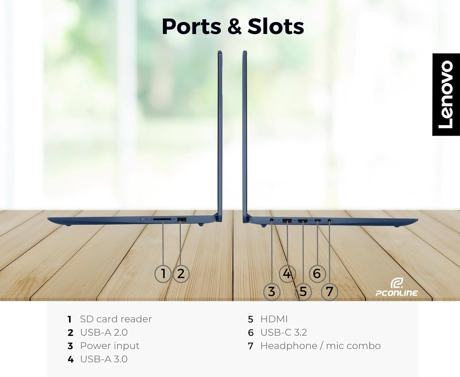 Ports & Slots

1. SD card reader
2. USB-A 2.0
3. Power input
4. USB-A 3.0
5. HDMI
6. USB-C 3.2
7. Headphone/mic combo