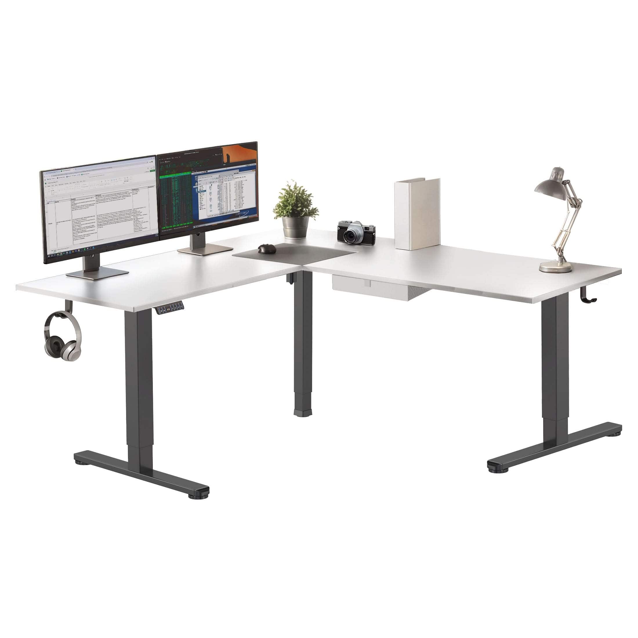 Mount-It! - XL Electric Height Adjustable Corner Standing Desk with Dual Motor and Memory Presets, Black Frame and Tabletop - White