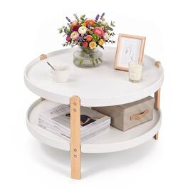 Costway - 23.5" 2-Tier Round Coffee Table with Storage, Solid Wood Legs & Open Storage Shelf - White