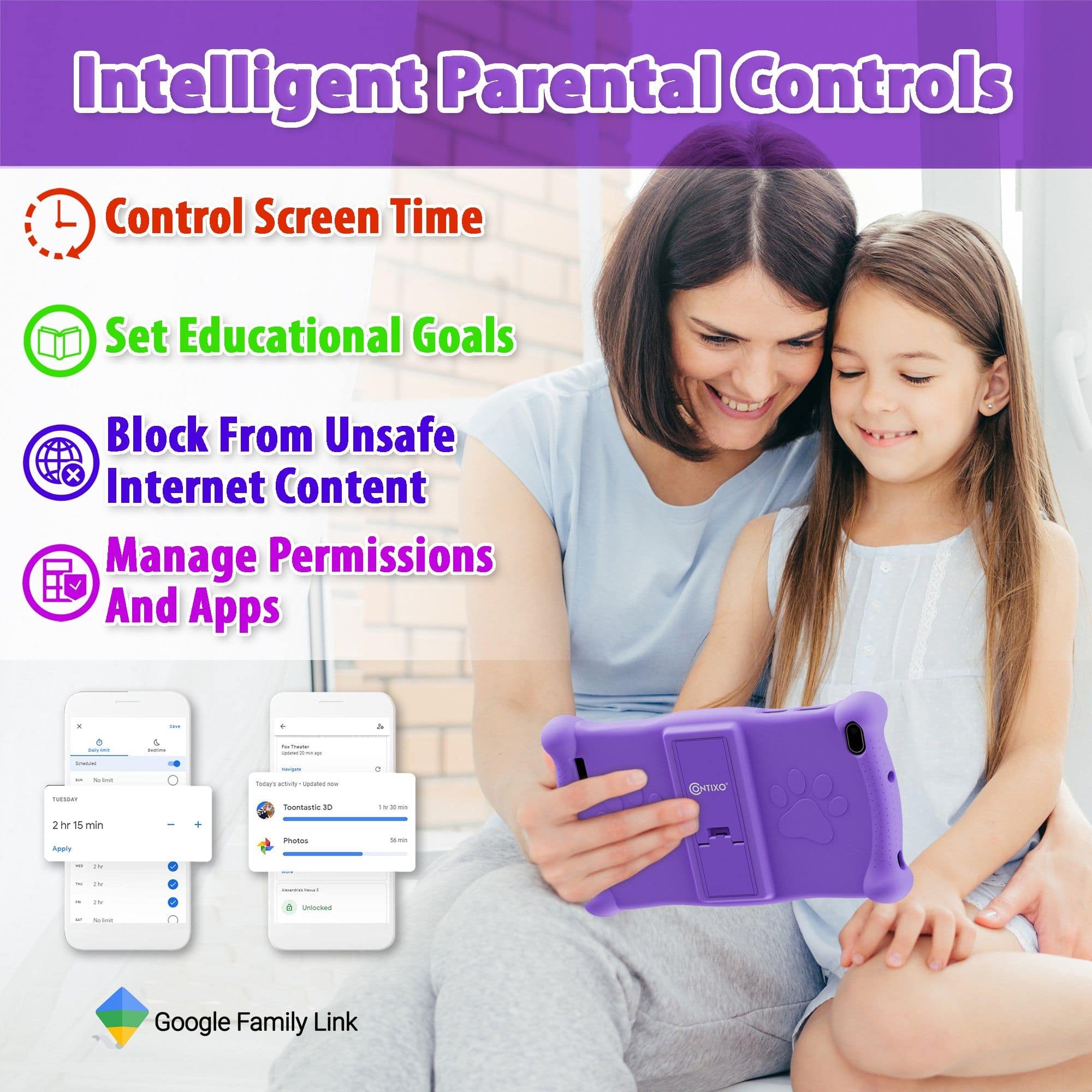 Intelligent Parental Controls
- Control Screen Time
- Set Educational Goals
- Block From Unsafe Internet Content
- Manage Permissions And Apps
Google Family Link