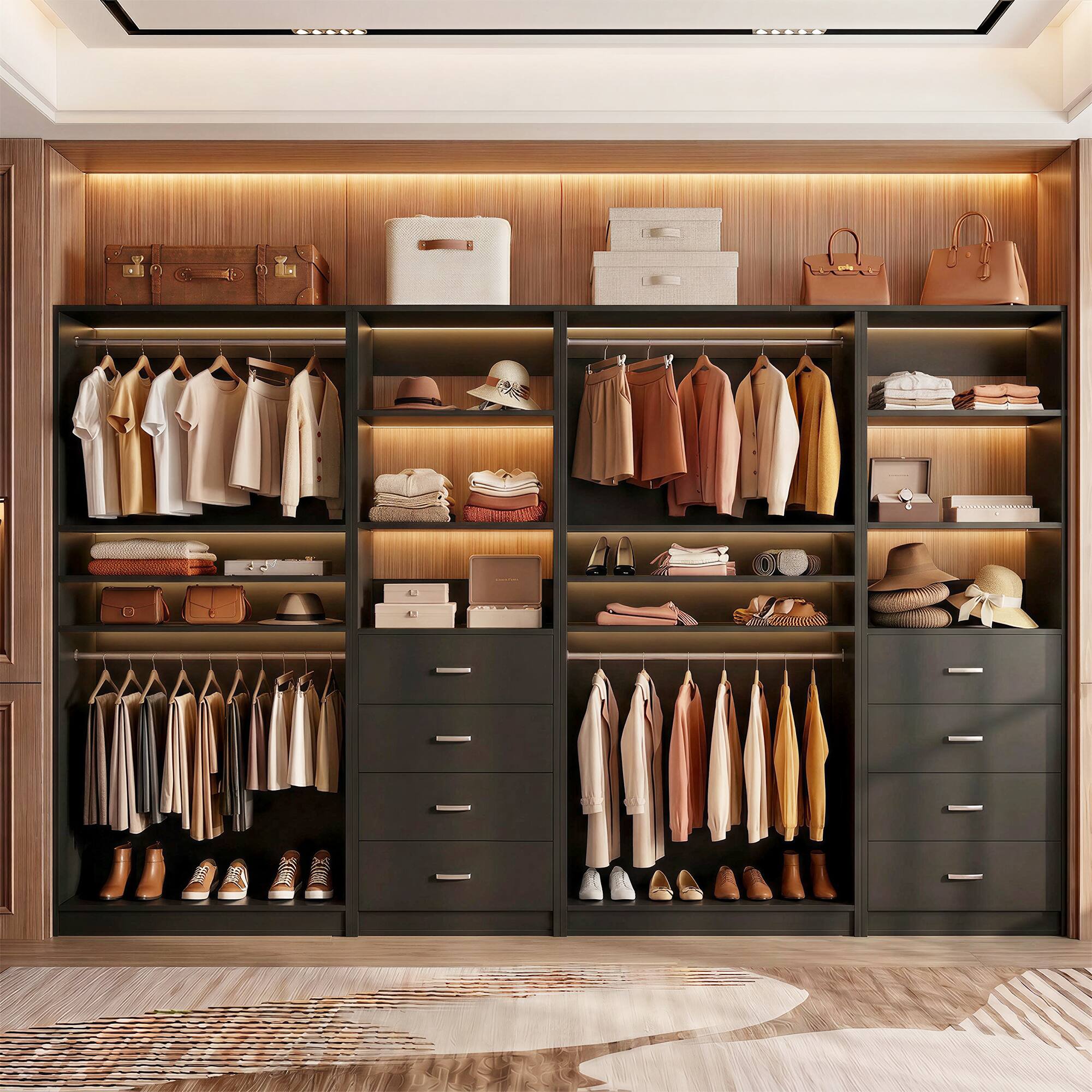 Alt View 3. Aheaplus - 114.6'' Wide Closet Organizer with 8 Drawers and 4 Hanging Rods, 4-Piece Set - Black.