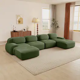 Aukfa - 4 Seats + 2 Ottoman Modular Corduroy Sectional Sofa - Ergonomic Support, Pet Friendly, Easy Assembly, Non-Slip Base - Green