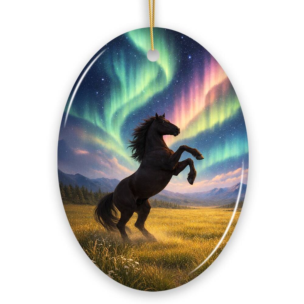 Front. OrnamentallyYou - Beautiful Aurora Horse Ceramic Ornament, Northern Lights Wildlife Gift and Tree Decor - Multi-colored.
