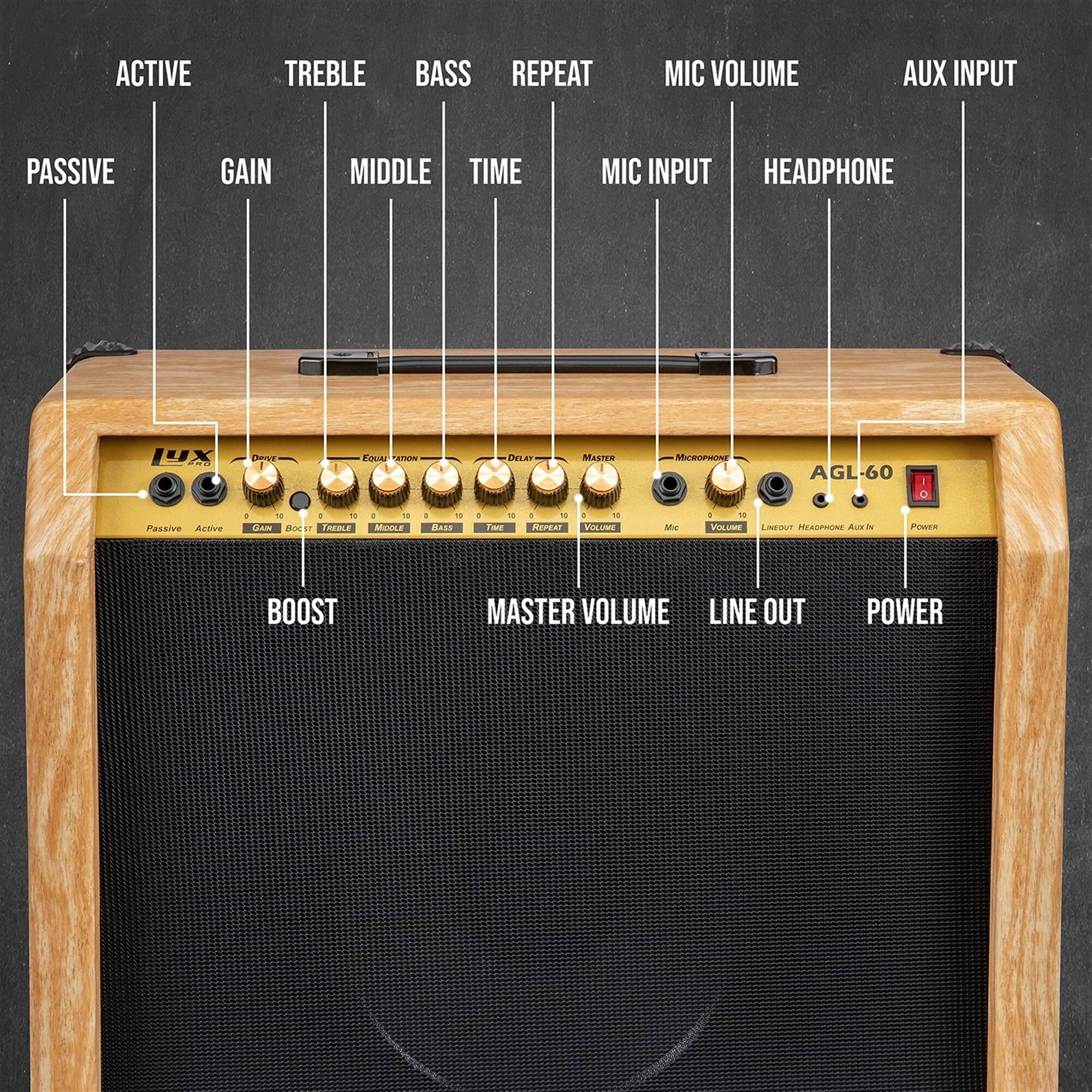 ACTIVE TREBLE BASS REPEAT MIC VOLUME AUX INPUT PASSIVE GAIN MIDDLE TIME MIC INPUT HEADPHONE

AGL-60 Passive Active 1 - 4 to GAIN

TREBLE - 10

BASS - 1 1

MIDDLE - 1 1

TIME - 1 1

MIC VOLUME - Viume M 1 1

HEADPHONE - AM

BOOST

MASTER VOLUME

LINE OUT

POWER