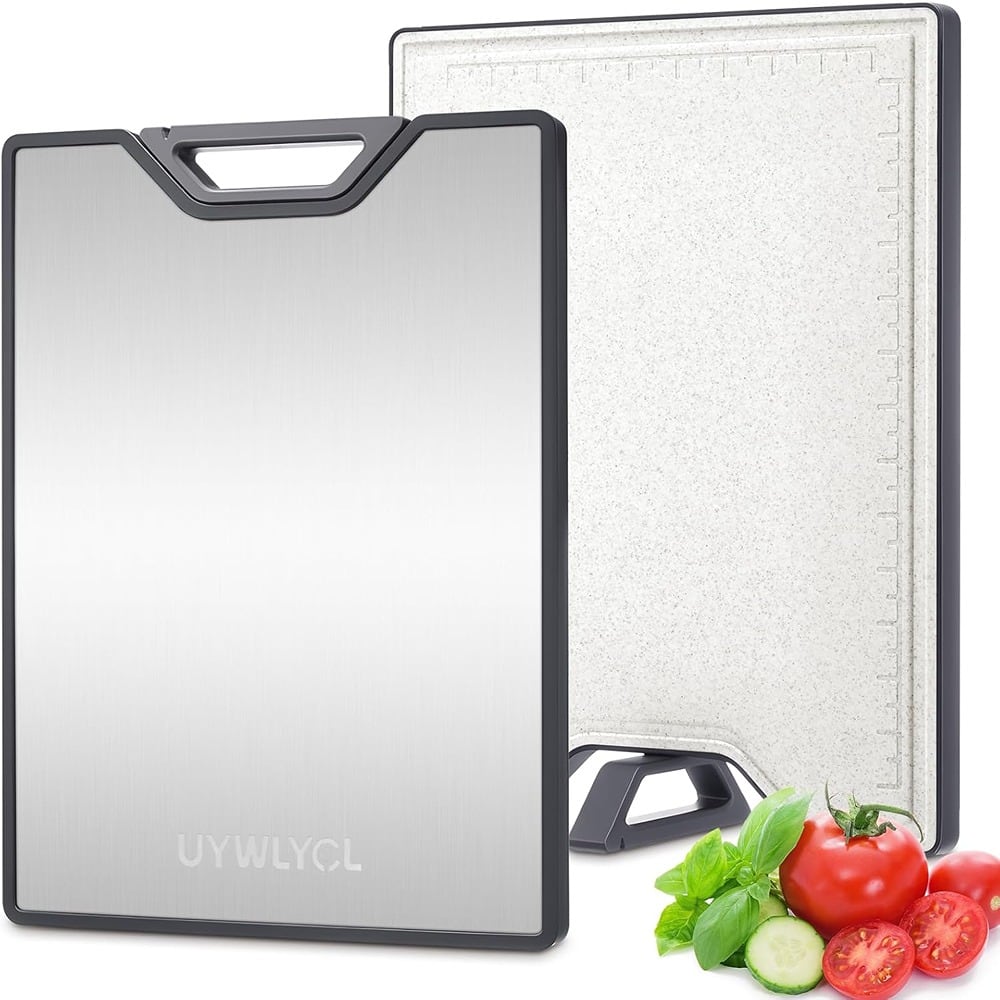 PARKER SLATER - Stainless Steel Cutting Board 16"x11" with Knife Sharpener, Off-White & Silver