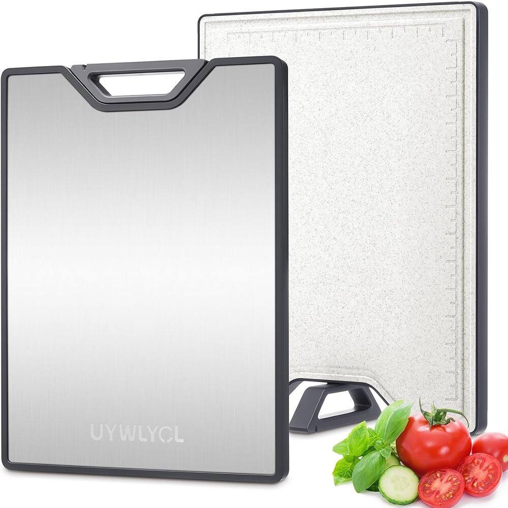 Front. PARKER SLATER - Stainless Steel Cutting Board 16"x11" with Knife Sharpener, Off-White & Silver.