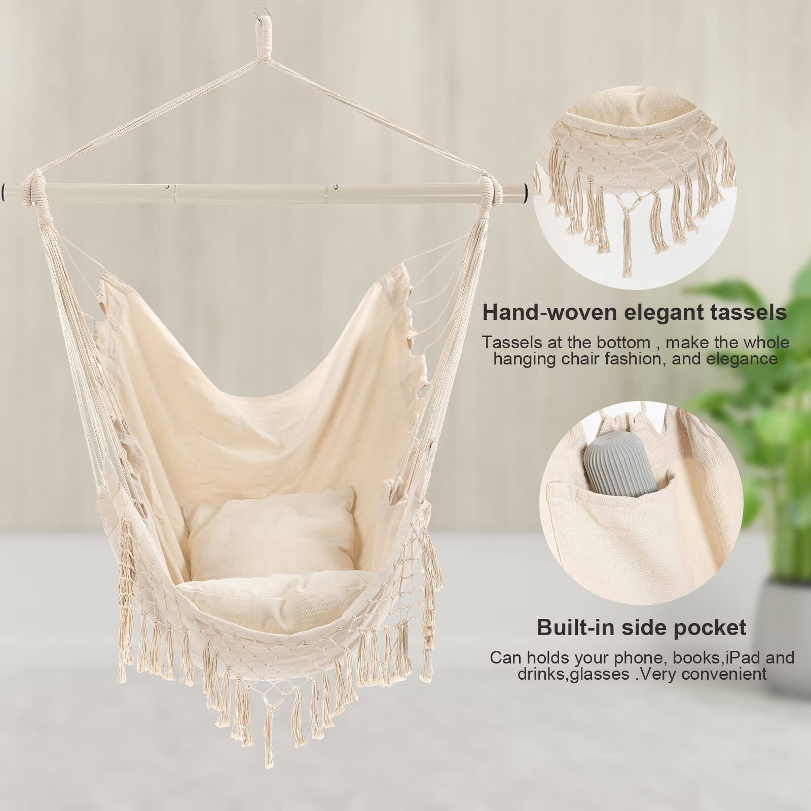 Hand-woven elegant tassels  
Tassels at the bottom make the whole hanging chair fashion, and elegance  

Built-in side pocket  
Can hold your phone, books, iPad and drinks, glasses. Very convenient