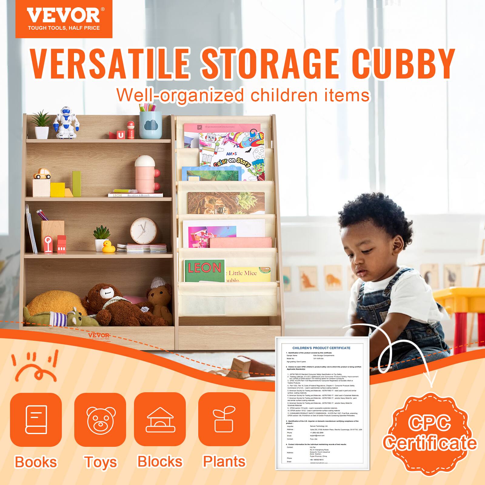 VEVOR TOUGH TOOLS, HALF PRICE VERSATILE STORAGE CUBBY Well-organized children items U BA celor on Story | | | LEON . I Little Mice ilie VEVON OLORENS PROROT CERTOANE : I : | | I  | 1 : i - I | - : d | . - : a - I a - - T a - I - T I Books Toys Blocks Plants a . d .  . | - - I a | : - : | : : I - : - I CPC Certificate