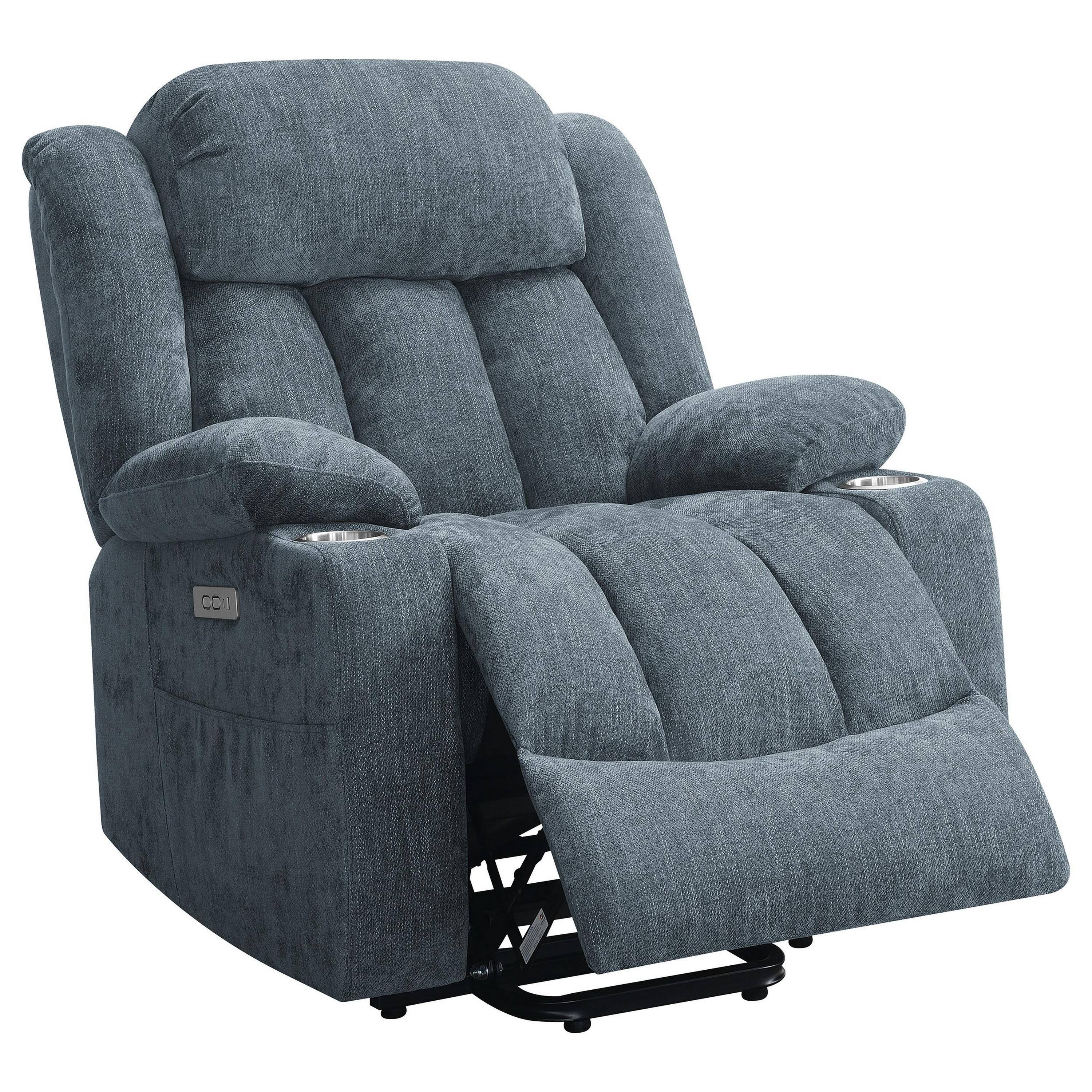 Angle. Manhattan Lane - Limi Power Lift Recliner Chair, Slate , USB Port, Cupholders - Slate Blue.