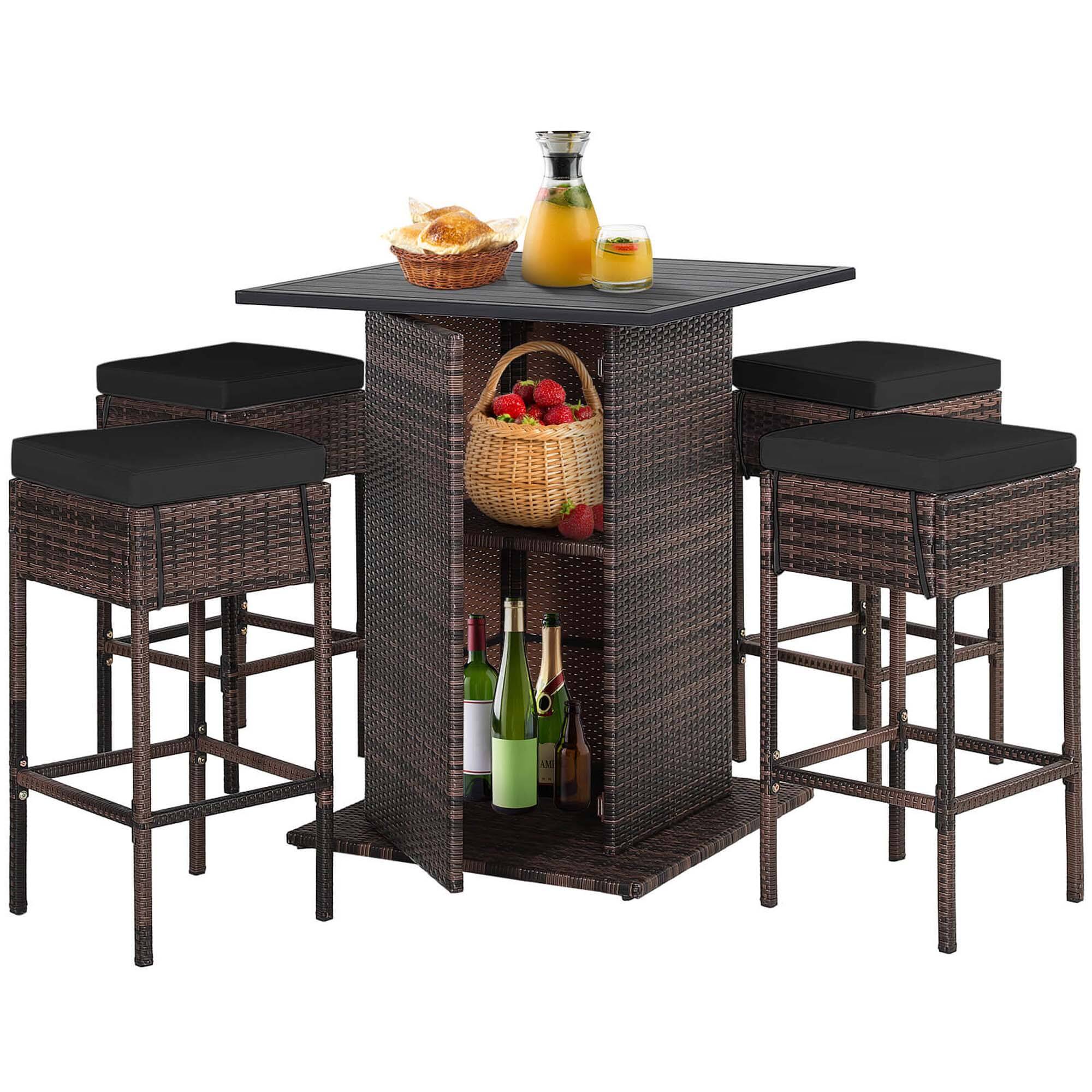 Alt View 3. Gymax - Gymax 5PCS Patio Rattan Bar Table Stool Set Hidden Storage Shelf Cushion Red Patio Black - Black.