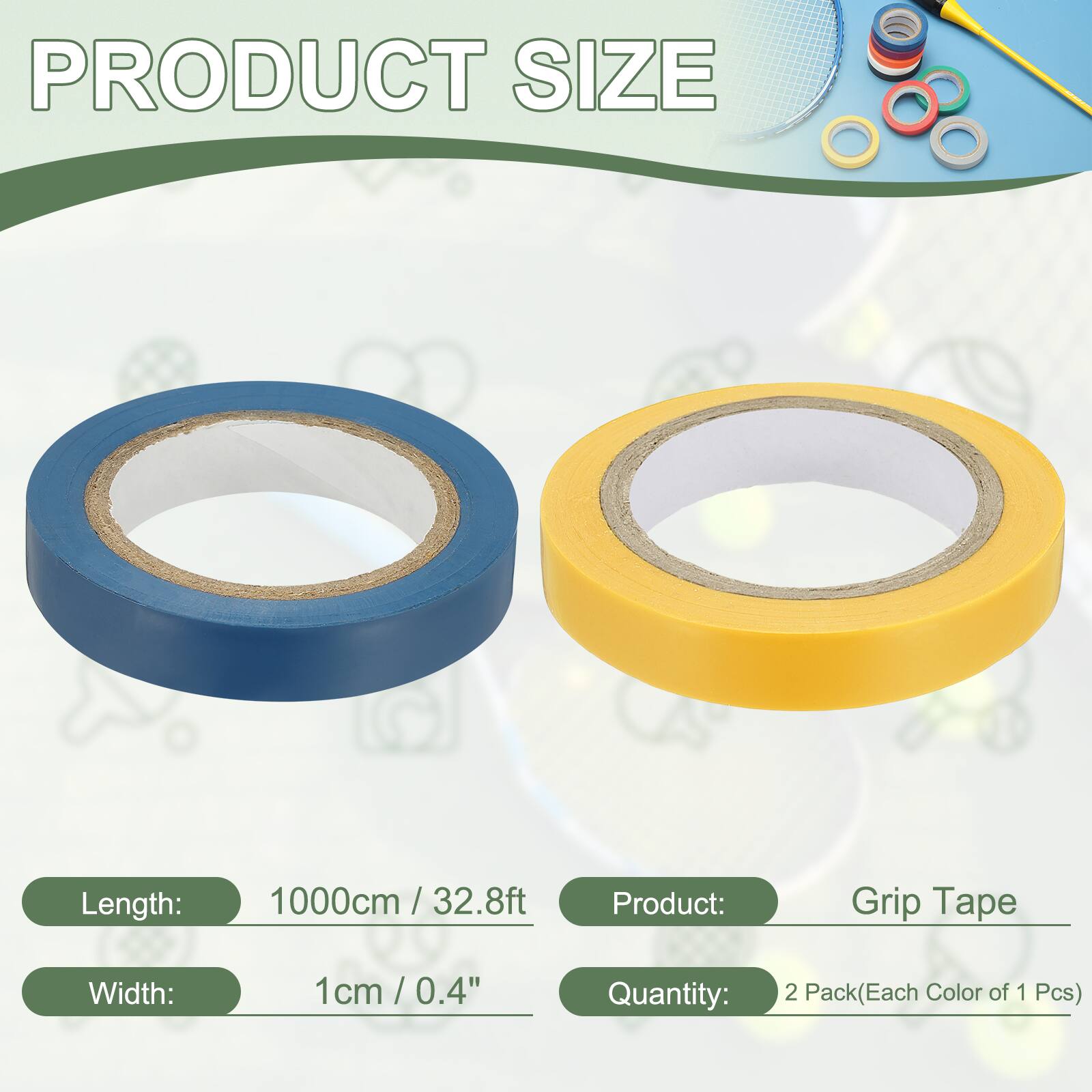 PRODUCT SIZE

Length: 1000cm / 32.8ft  
Width: 1cm / 0.4"  
Product: Grip Tape  
Quantity: 2 Pack (Each Color of 1 Pcs)