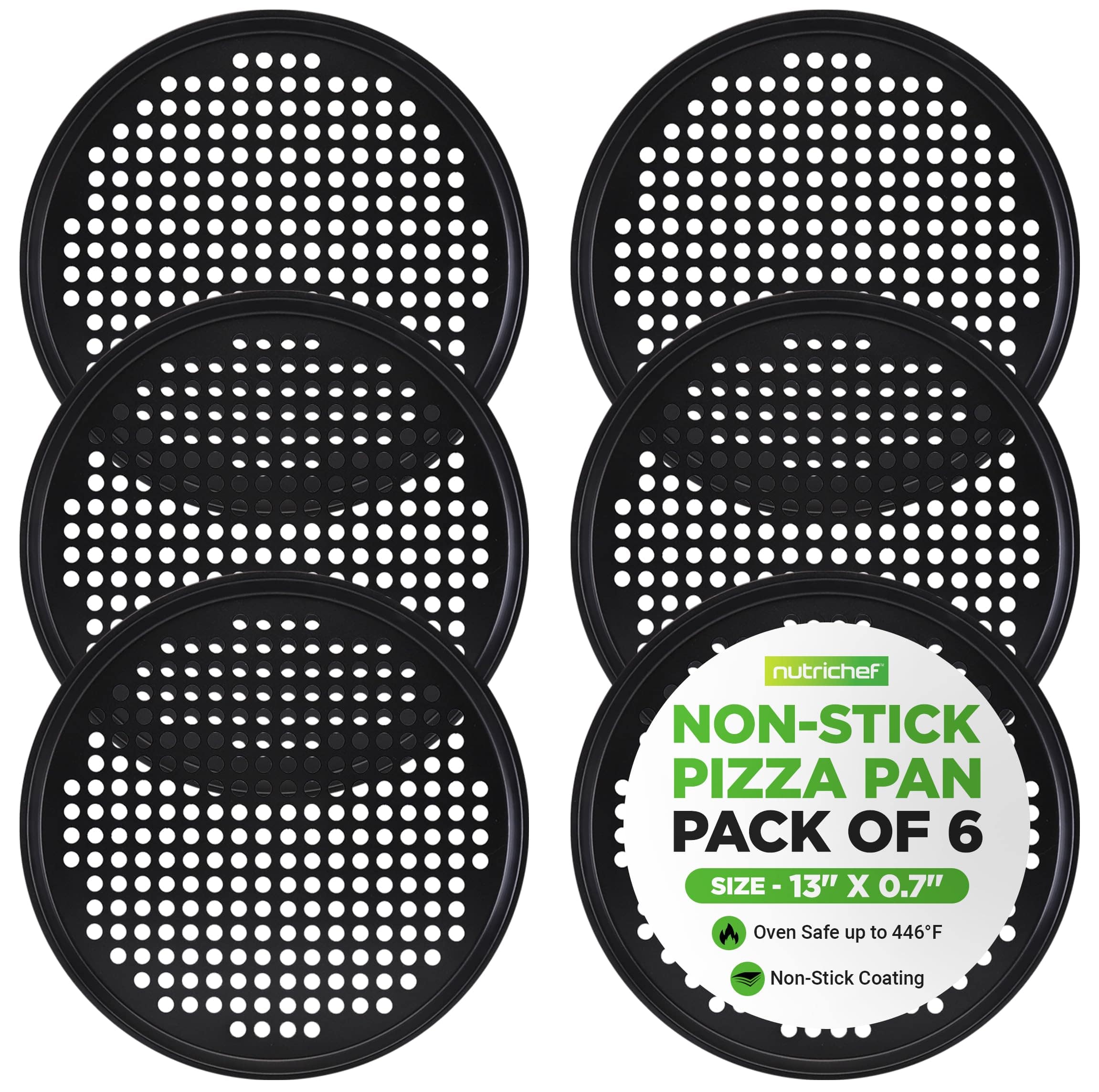 NutriChef - Round Pizza Pans for Oven 13’’ Non-Stick Pizza Pans (6-Pack) - Black