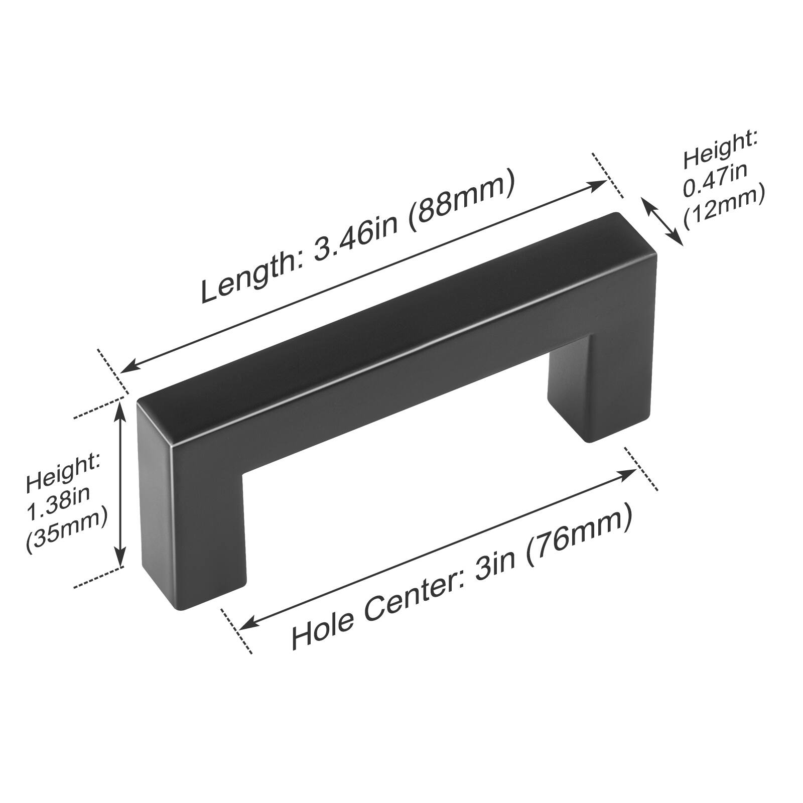 - Length: 3.46in (88mm)
- Height: 1.38in (35mm)
- Hole Center: 3in (76mm)
- Height: 0.47in (12mm)