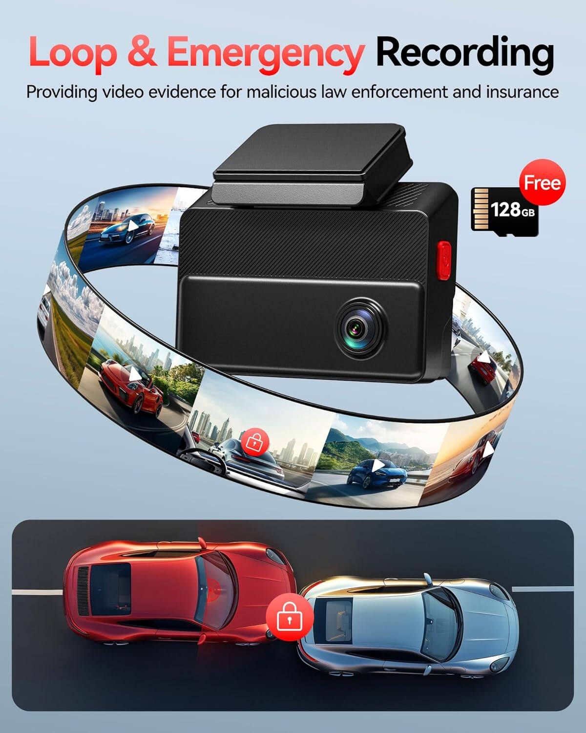 Loop & Emergency Recording  
Providing video evidence for malicious law enforcement and insurance  

Free 128GB