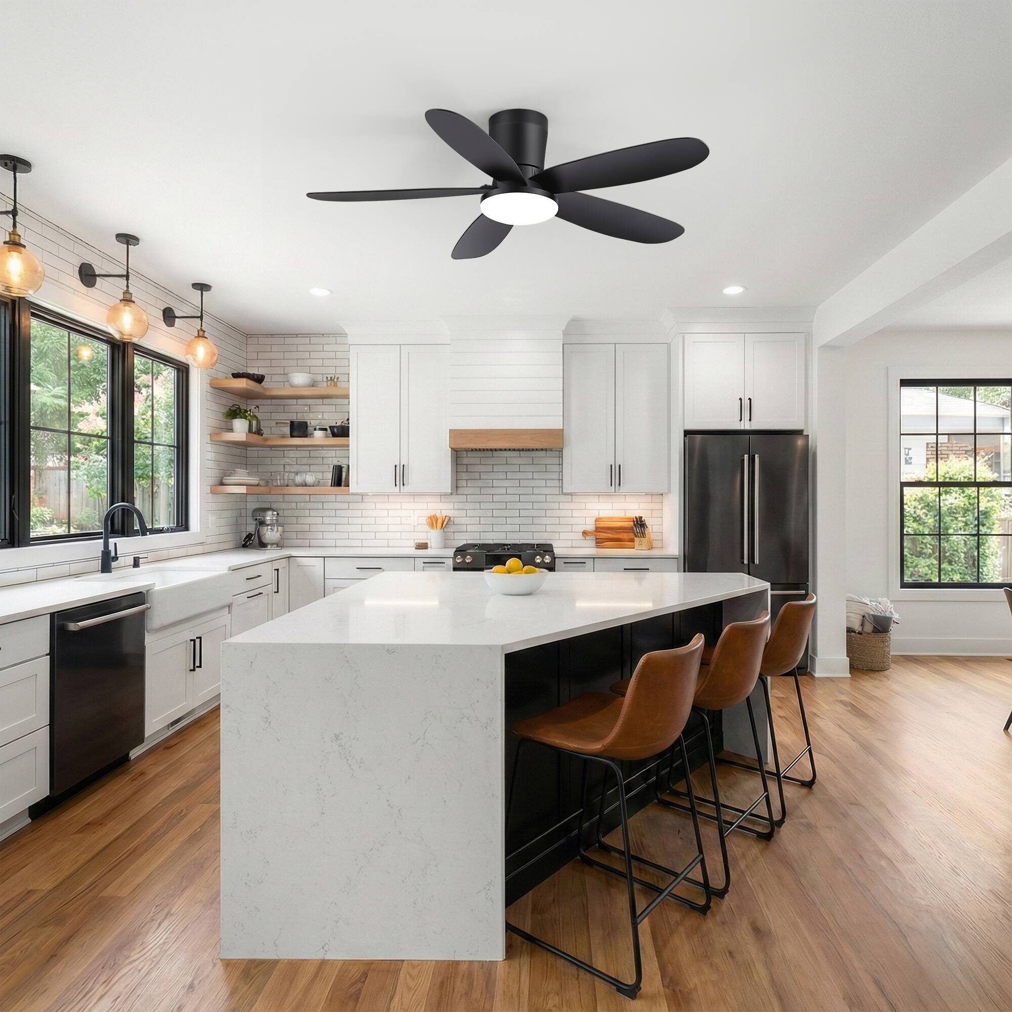 Back. Breezary - 42-Inch Modern Ceiling Fan with Acrylic Shade, Dimmable LED Light, 3 CCT, 6-Speed Remote, Timer, Flush Mount, ABS Blades - 42-Inch Black Ceiling Fan.