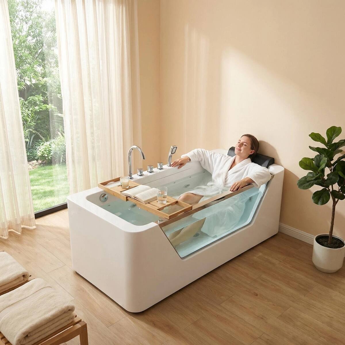 Alt View 5. Loheer - Loheer 67 in Whirlpool Bathtub with Glass Panel, 7 Jet Acrylic Jetted Tub, LED Light, White - Milk White.