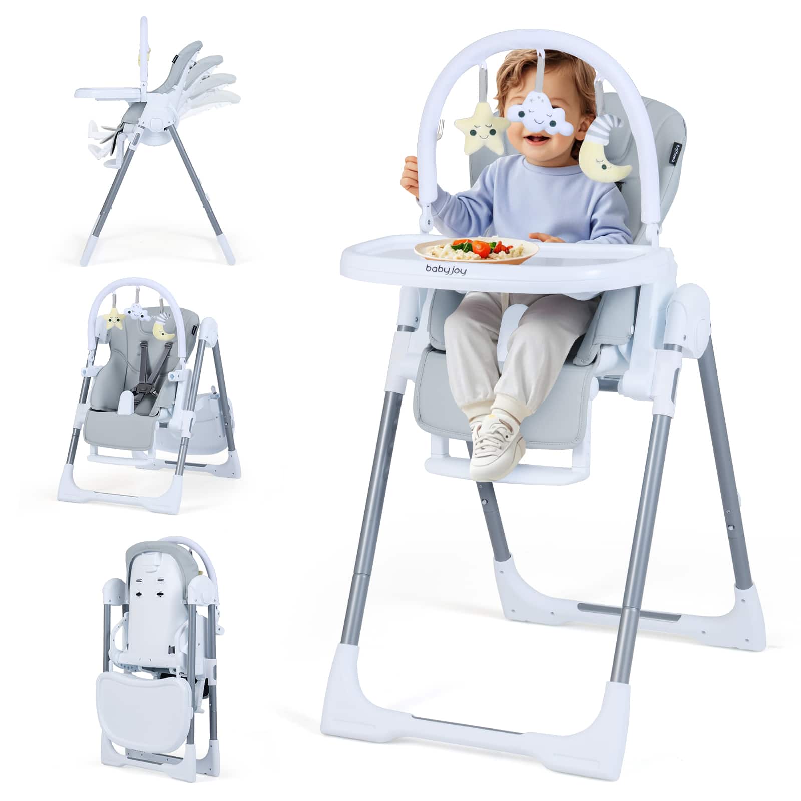 Gymax - Foldable Baby High Chair for Babies & Toddlers w/Adjustable Height Relining Seat Light Grey - White
