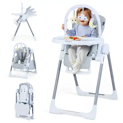 Front. Gymax - Gymax Foldable Baby High Chair for Babies & Toddlers w/Adjustable Height Relining Seat Light Grey - White.