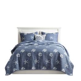 Gracie Mills - Elisa 4 Piece Cotton Reversible Embroidered Quilt Set with Throw Pillow - Navy