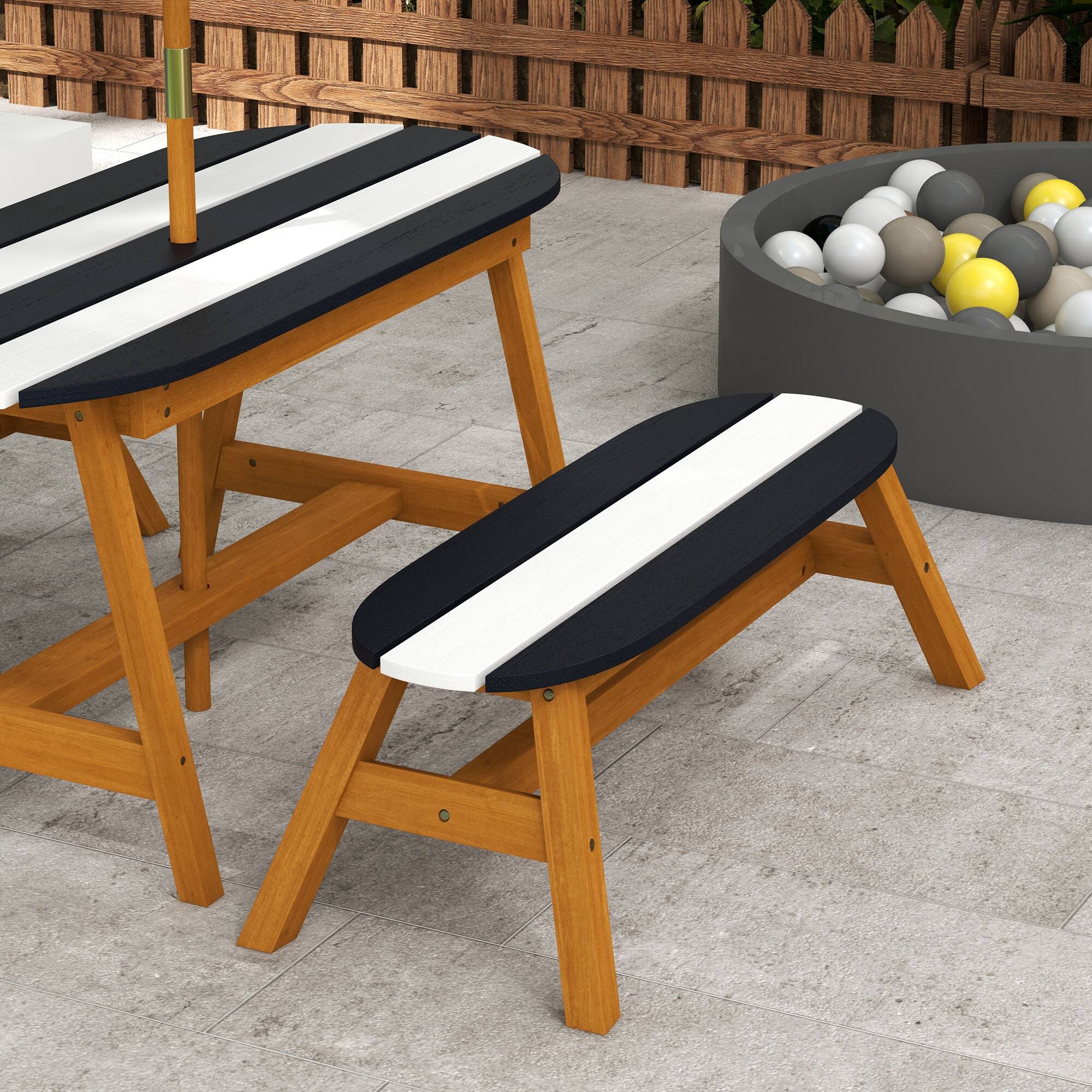 Alt View 4. Outsunny - Kids Picnic Table Set with Removable Umbrella, Wooden Kids Table and Benches for 4 Kids Ages 3-8 Years - Blue and White.