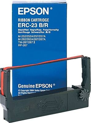 EPSON  
RIBBON CARTRIDGE ERC-23 B/R  
Black/Red Negro/Rojo Preta/Vermelha Noir/Rouge Schwarz/Rot  
M-252/252A/257/257A M-262/262A/267/267A TM-267/267 II RP-267  

Genuine EPSON  
© Copyright 2004 Seiko Epson  
All Rights Reserved