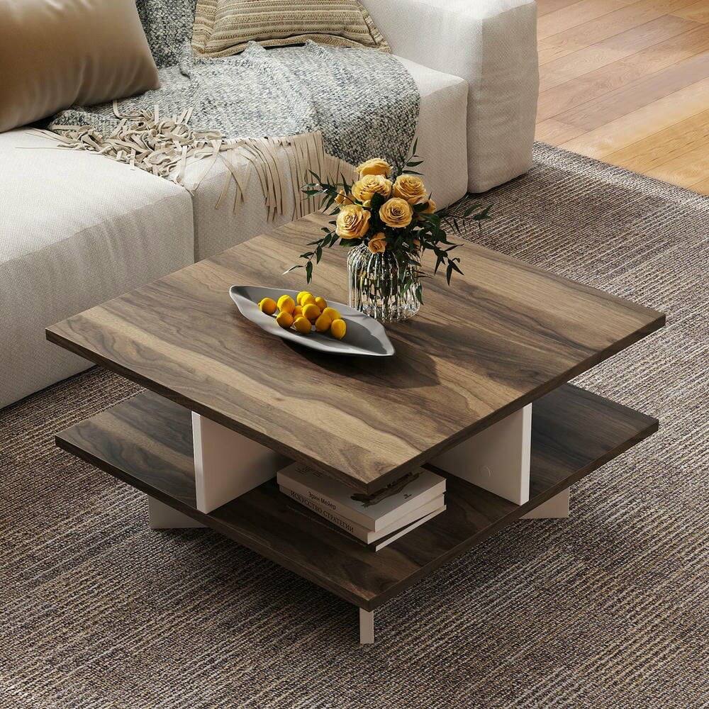 Left. Kadyn - Square 2-Tier Coffee Table with 4 Built-In Storage Compartments, Walnut - Brown.