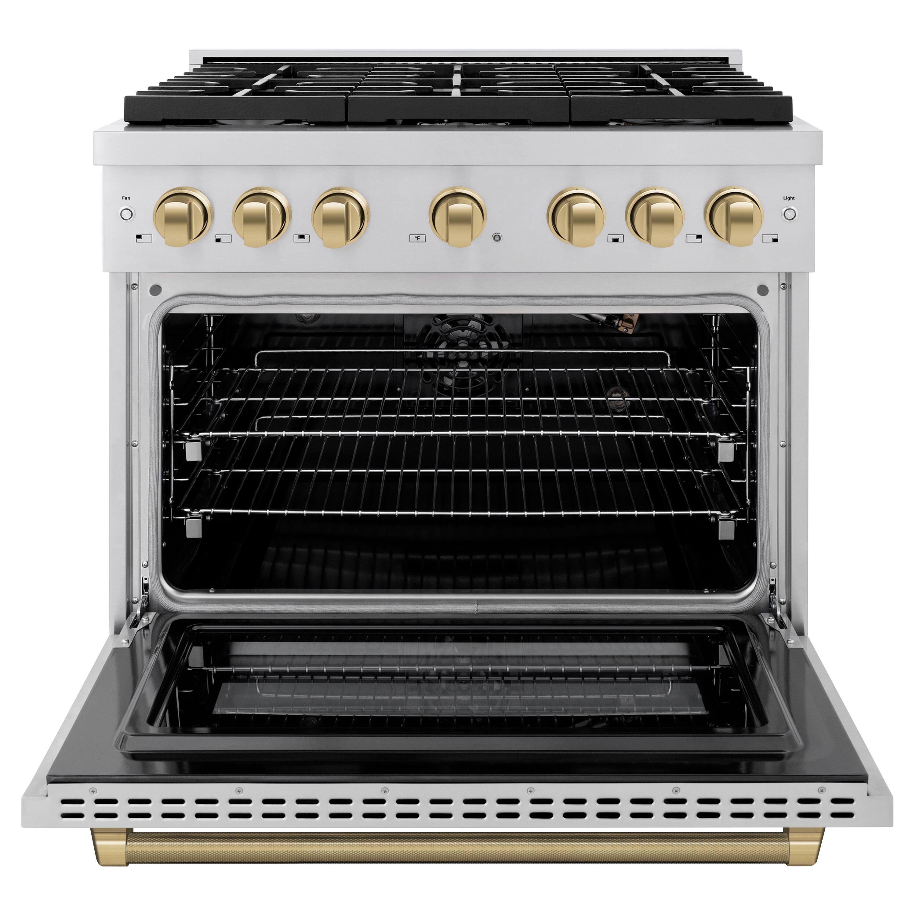 Angle. ZLINE - Autograph 36 in. 5.2 Cu. Ft. Freestanding Paramount Gas Range in Stainless Steel with Champagne Bronze Helix Handle - Stainless Steel.